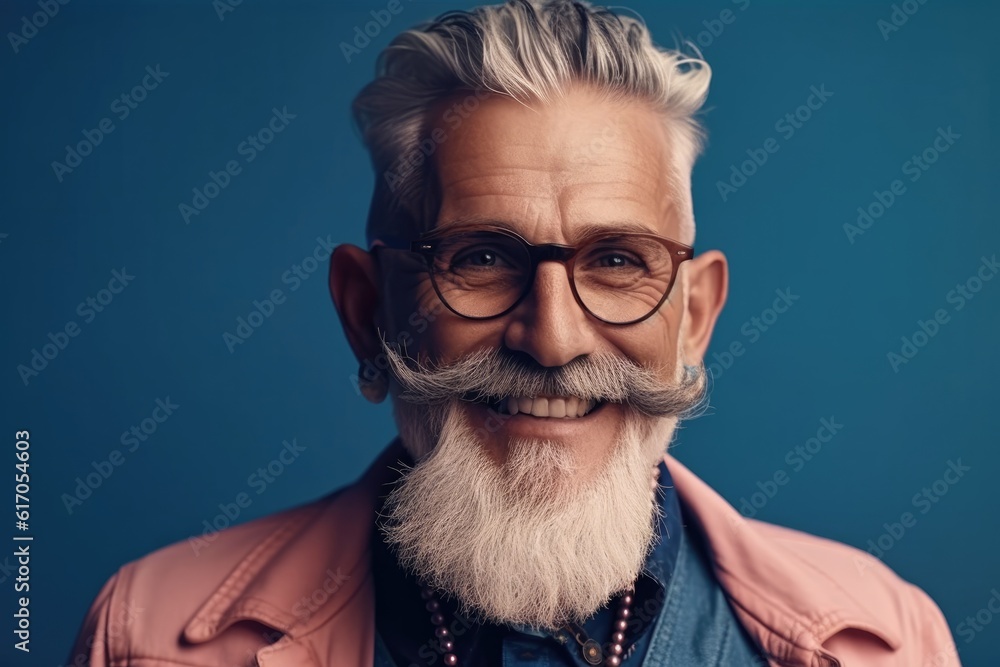 Hipster senior man 70 years old with blue hair. Generative ai