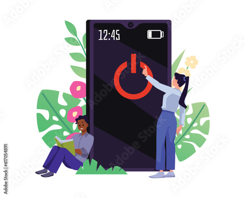 People turn off devices to have digital detox, vector illustration isolated.