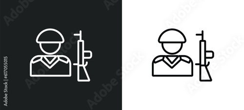 soldiers and a weapon line icon in white and black colors. soldiers and a weapon flat vector icon from soldiers a weapon collection for web, mobile apps ui.
