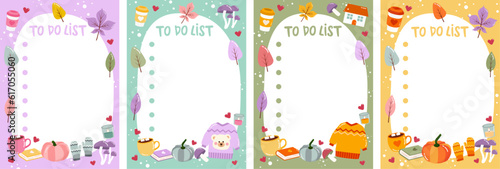 Set of cute vector cartoon notes, To Do, Check list decorated templates. Autumn fall notes with sweaters, pumpkins, cup of coffee, mushrooms, book and candles. Printable checklist ready for print
