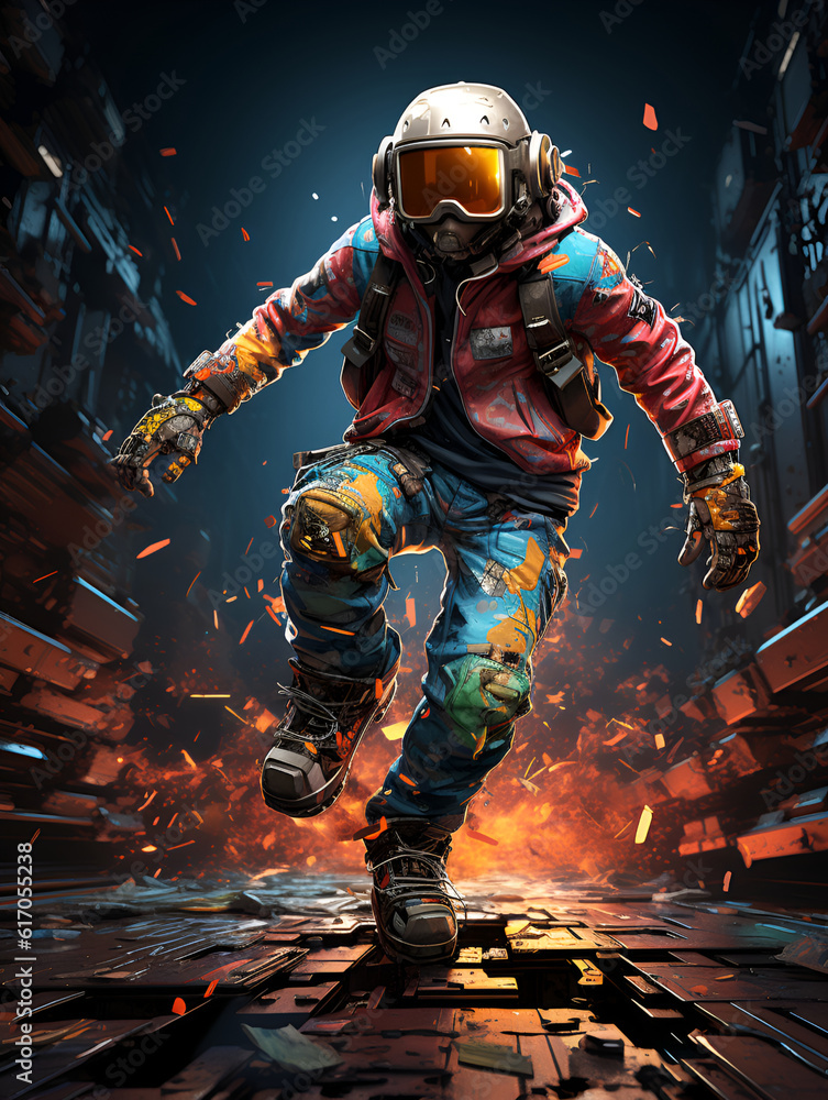 A teenager in a space helmet is dancing in a cyberpunk city in neon light effects. Generated AI A teenager in a space helmet is dancing in a cyberpunk city in neon light effects. Generated AI