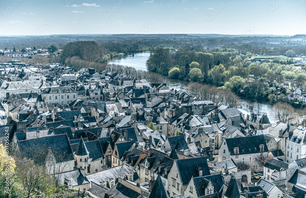 top view of a French medieval city on the edge of a river top view of a French medieval city on the edge of a river