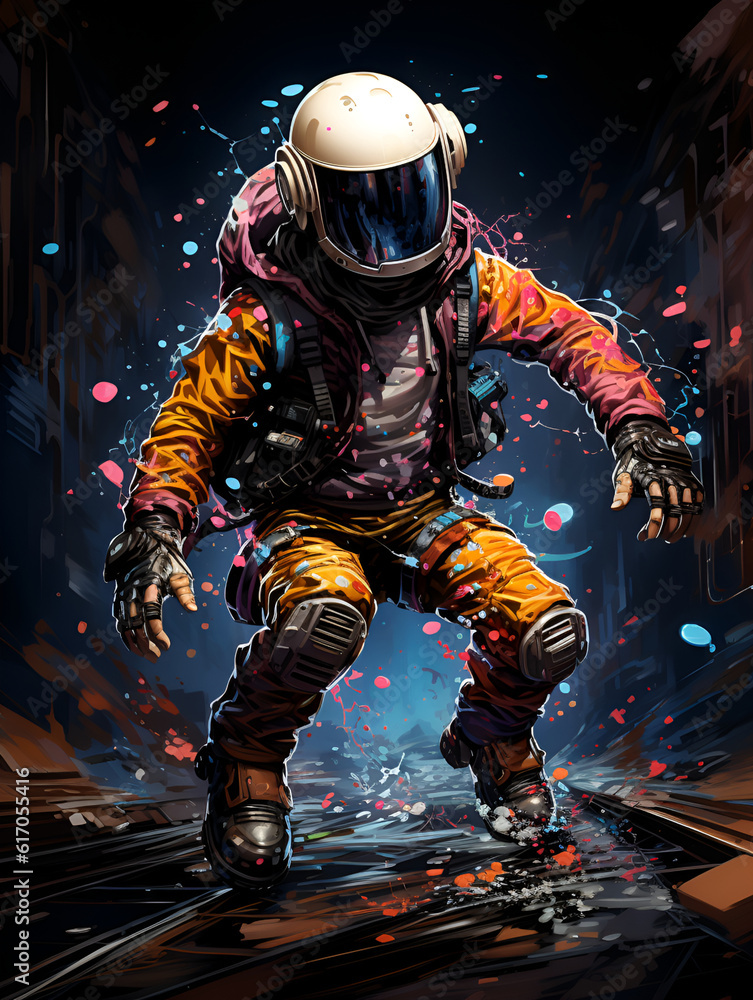 A teenager in a space helmet is dancing in a cyberpunk city in neon light effects. Generated AI