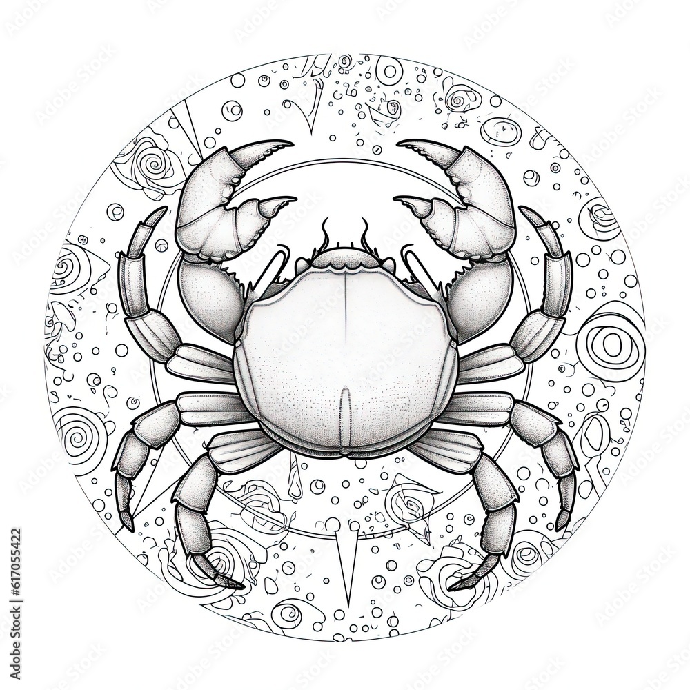 Crab animal line art illustration. Black and white coloring page style art. Generative AI Crab animal line art illustration. Black and white coloring page style art. Generative AI