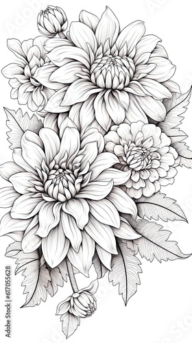 Cute Dahlia flower in coloring page style illustration. Line art painting. Generative AI