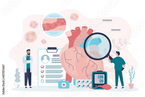 Team of cardiologists examines heart for disease. Cardiovascular system checkup. Doctors research atherosclerosis. Blood clots, medicine aid for thrombus.