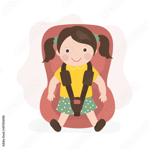 Cute little girl sitting in car seat, safety car transportation of small kids. Baby on board. Child safe and comfortable drive in car. Family travel. Calm baby on backseat