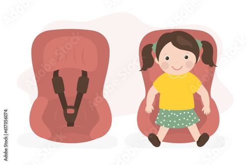 Cute little girl sitting in car seat, safety car transportation of small kids. Baby on board. Child safe and comfortable drive in car. Family travel. Empty child backseat