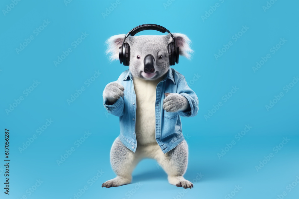 koala in headphones on blue background, Generative AI koala in headphones on blue background, Generative AI