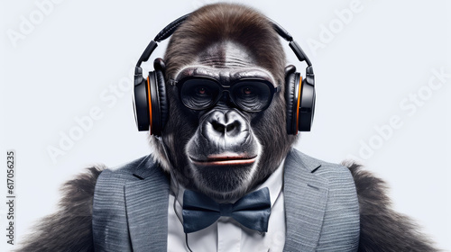 gorilla ape in headphones on white background, Generative AI
