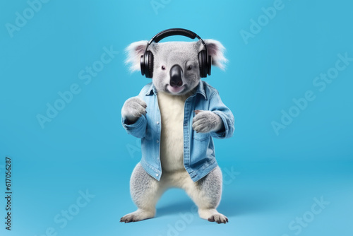 koala in headphones on blue background  Generative AI