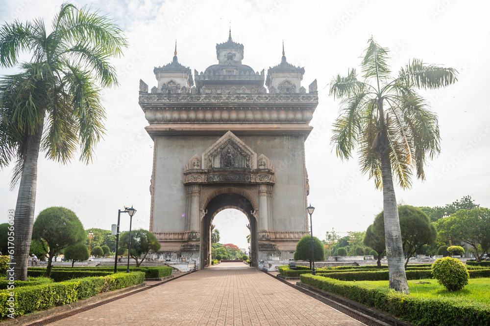 views of famous patuxay arch in vientiane, laos
