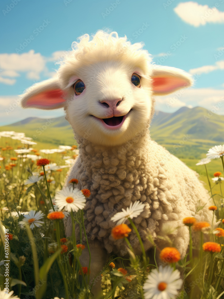 Happy cute sheep on a summer day