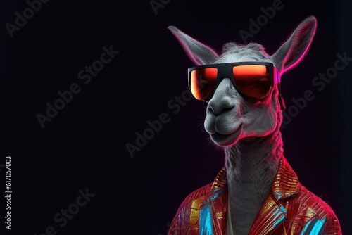 llama in glasses on dark black background, Generative AI © gankevstock