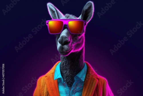 llama in glasses on dark purple background, Generative AI © gankevstock