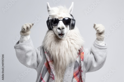 llama in headphones on white background, Generative AI