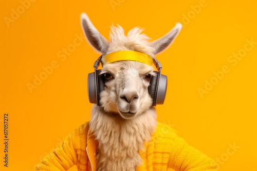 llama in headphones on yellow background, Generative AI © gankevstock