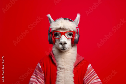 llama in headphones on red background, Generative AI