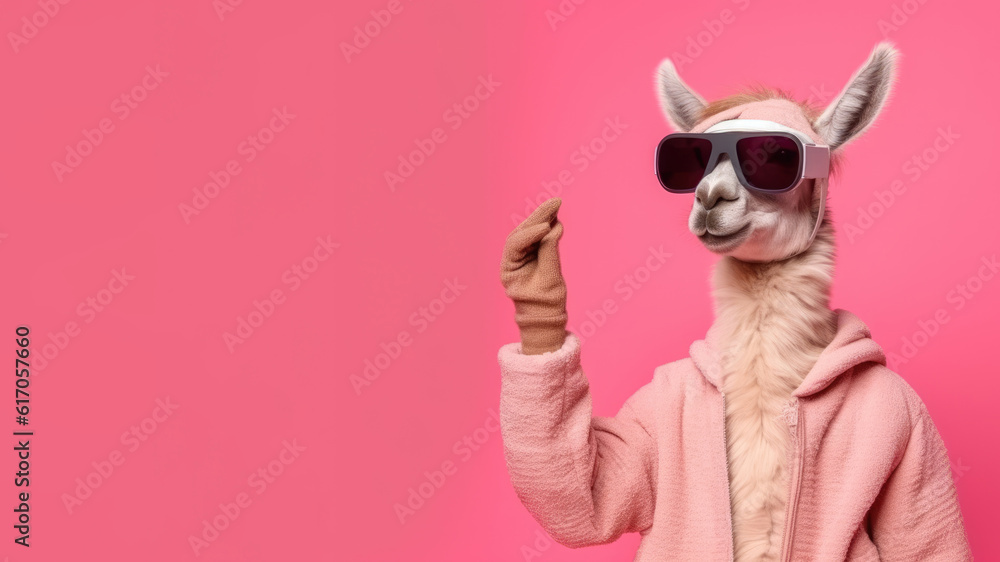 llama in VR glasses on pink background, Generative AI