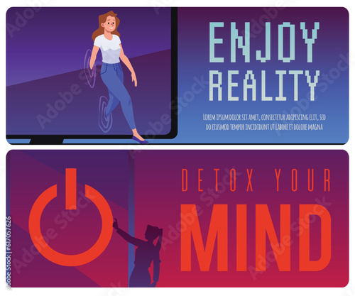 Digital detox offline activity and mental reset banners vector illustration.