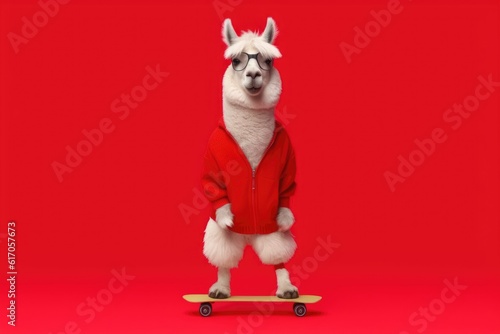 llama skaiting on the skateboard on red background, Generative AI photo