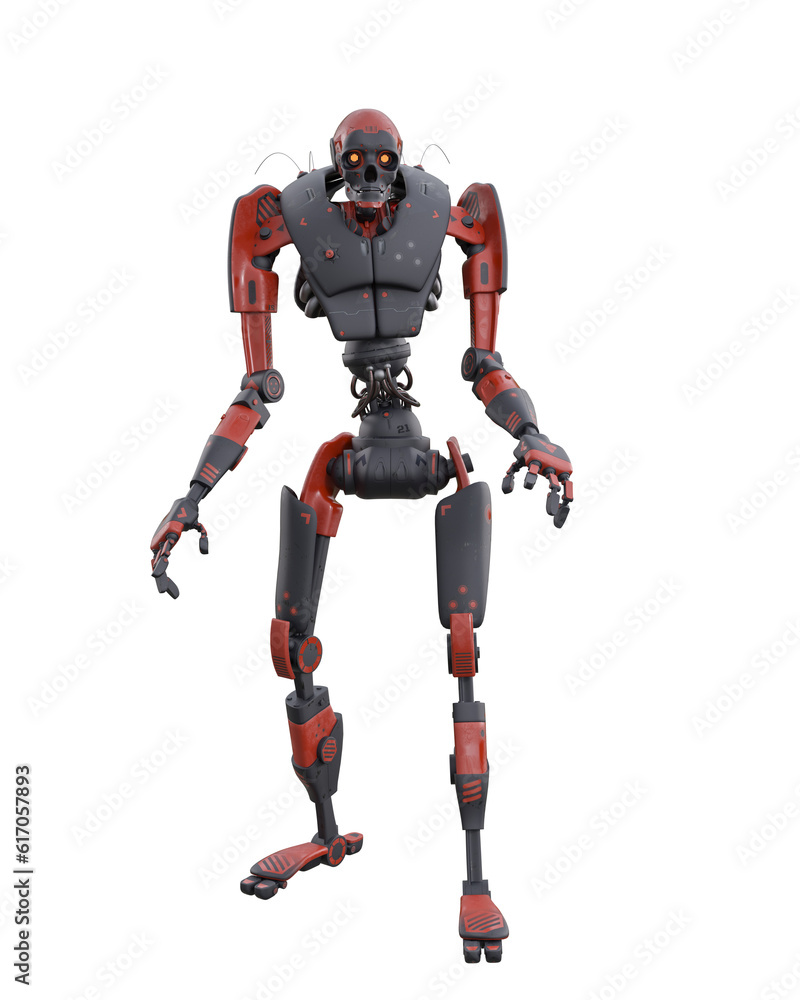 Futuristic robot mechanical soldier droid with grey and red metal body in standing pose. 3D illustration. Futuristic robot mechanical soldier droid with grey and red metal body in standing pose. 3D illustration.