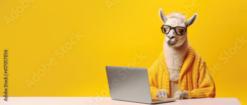 Fotografia llama with laptop on yellow background, Generative AI
