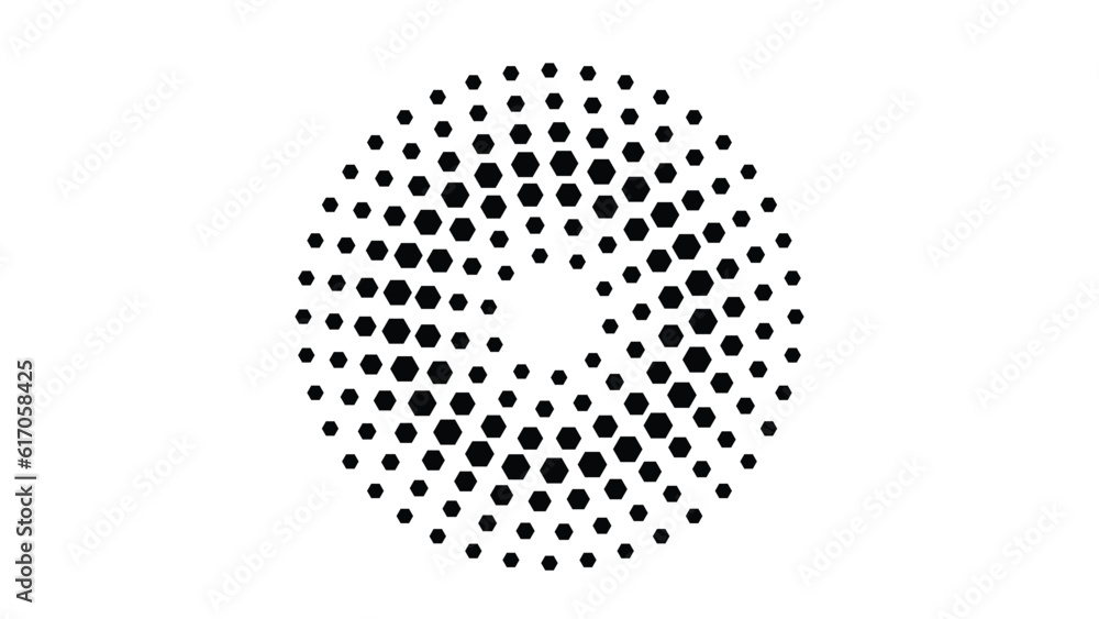 Halftone hexagon in circle. Circular design element for logotype. Vector illustration background.