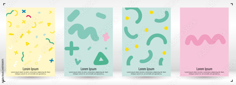 Abstract Minimal Vector Background in Trendy Doodle Style.   Vibrant Graphic Print with Dynamic Lines and Geometric Shapes.  Set of Vivid Poster 80s - 90s Design for Landing Page, Cover, Brochure.