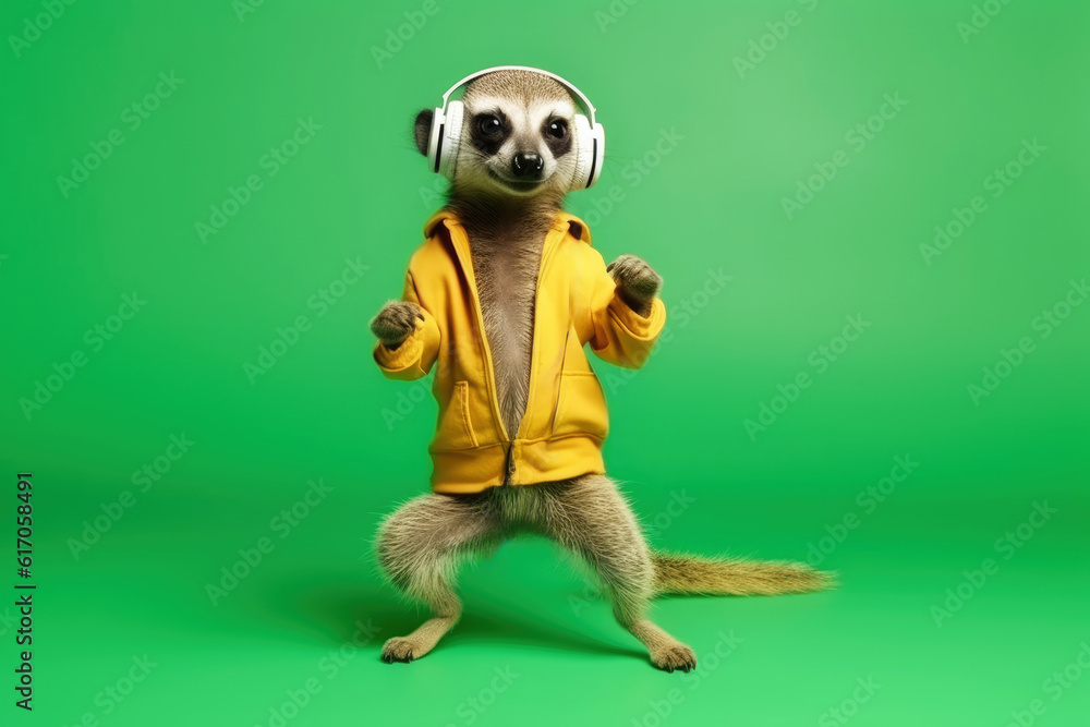 meerkat in headphones on green background, Generative AI meerkat in headphones on green background, Generative AI