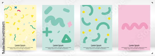 Abstract Minimal Vector Background in Trendy Doodle Style.   Vibrant Graphic Print with Dynamic Lines and Geometric Shapes.  Set of Vivid Poster 80s - 90s Design for Landing Page, Cover, Brochure.