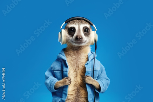 meerkat in headphones on blue background, Generative AI