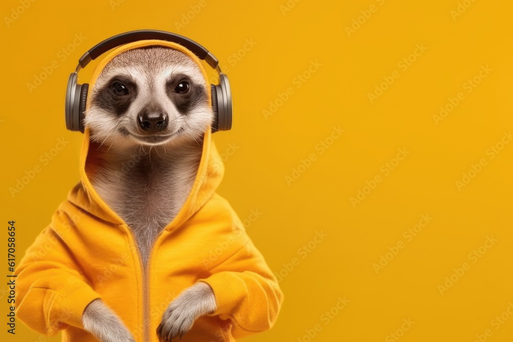 meerkat in headphones on yellow background, Generative AI meerkat in headphones on yellow background, Generative AI