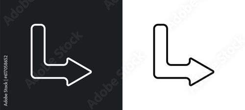 down right arrow line icon in white and black colors. down right arrow flat vector icon from down right arrow collection for web, mobile apps and ui.