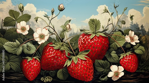 Strawberries fruits vintage art illustration. Natural eco food design. Generative AI