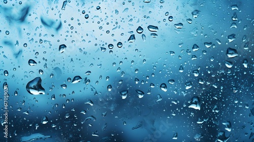 Rain Water Drops Texture on Blue Glass Surface