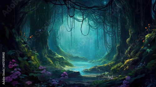 A moody and atmospheric abstract forest with misty layers and deep  rich hues  exuding a sense of mystery and enchantment. Colorful illustration art. Generative AI