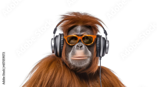 orangutan ape in headphones on white background, Generative Ai