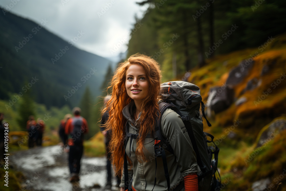 Naklejka premium Portrait of a smiling red haired woman climbing