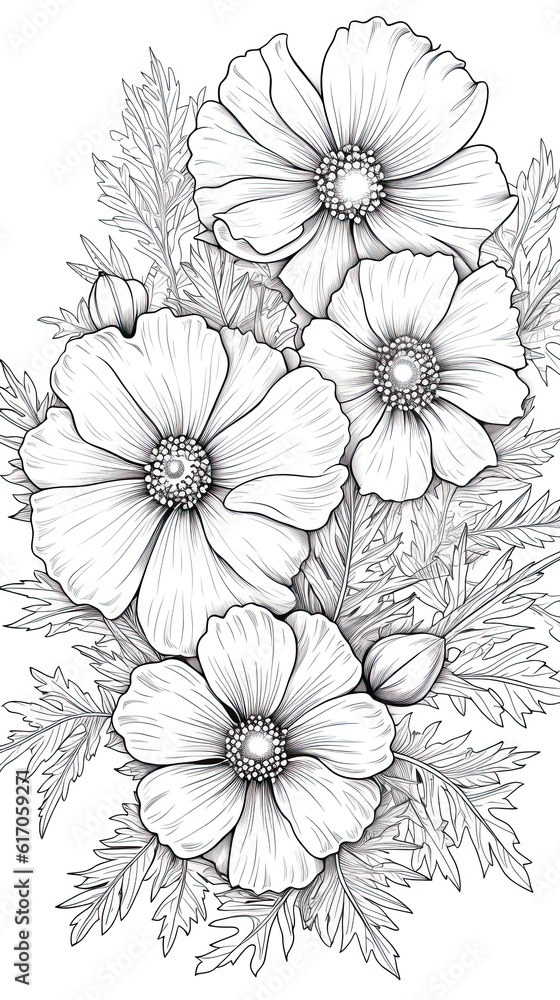 Cute Cosmos flower in coloring page style illustration. Line art painting. Generative AI