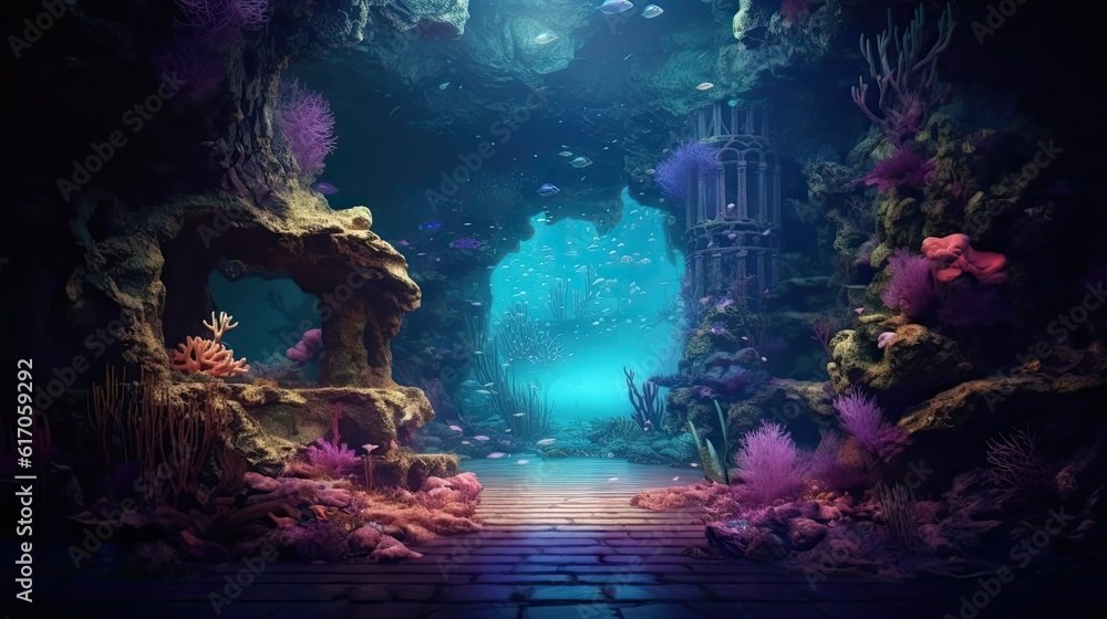An ethereal underwater cave with bioluminescent creatures and shimmering underwater light. Colorful illustration art. Generative AI