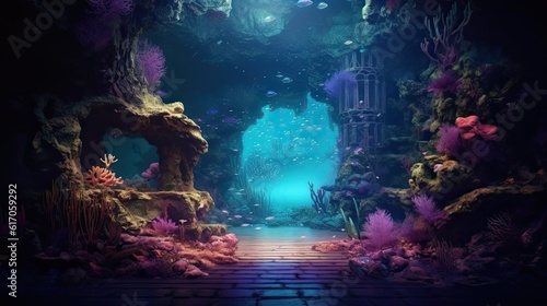 An ethereal underwater cave with bioluminescent creatures and shimmering underwater light. Colorful illustration art. Generative AI