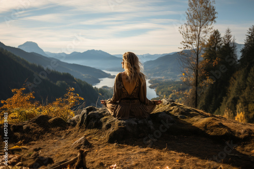 Backview of a blond woman sitting on a mountain © michaelheim