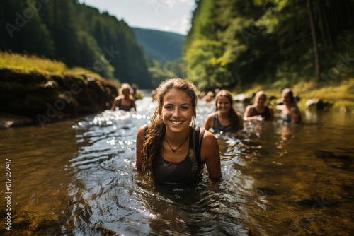 Women swimming in a wild river