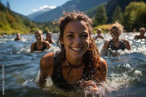 Extreme close up of women swimming in a wild river