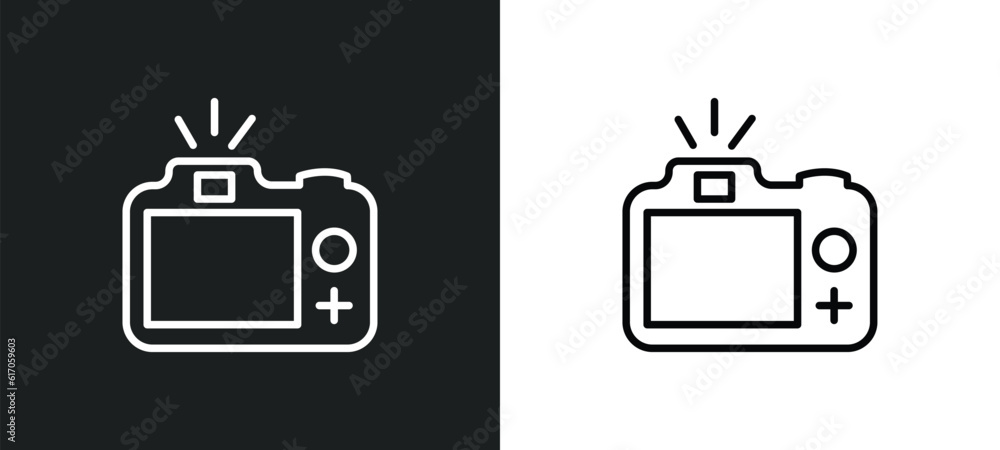camera with flash line icon in white and black colors. camera with flash flat vector icon from camera with flash collection for web, mobile apps and ui. camera with flash line icon in white and black colors. camera with flash flat vector icon from camera with flash collection for web, mobile apps and ui.