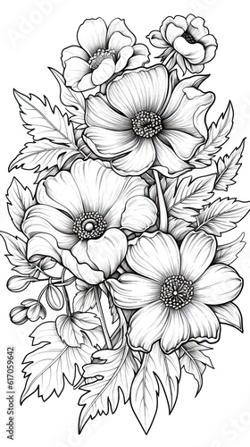 Cute Anemone flower in coloring page style illustration. Line art painting. Generative AI