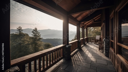 Modern porch extending from a cozy mountain cabin. Created using generative AI.
