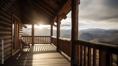 Modern porch extending from a cozy mountain cabin. Created using generative AI. © Noah