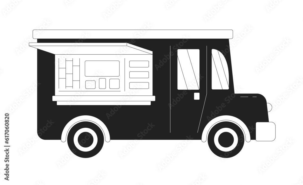Violet food truck flat monochrome flat vector object. Car for cooking and selling street food. Editable black and white thin line icon. Simple cartoon clip art spot illustration for web graphic design Violet food truck flat monochrome flat vector object. Car for cooking and selling street food. Editable black and white thin line icon. Simple cartoon clip art spot illustration for web graphic design